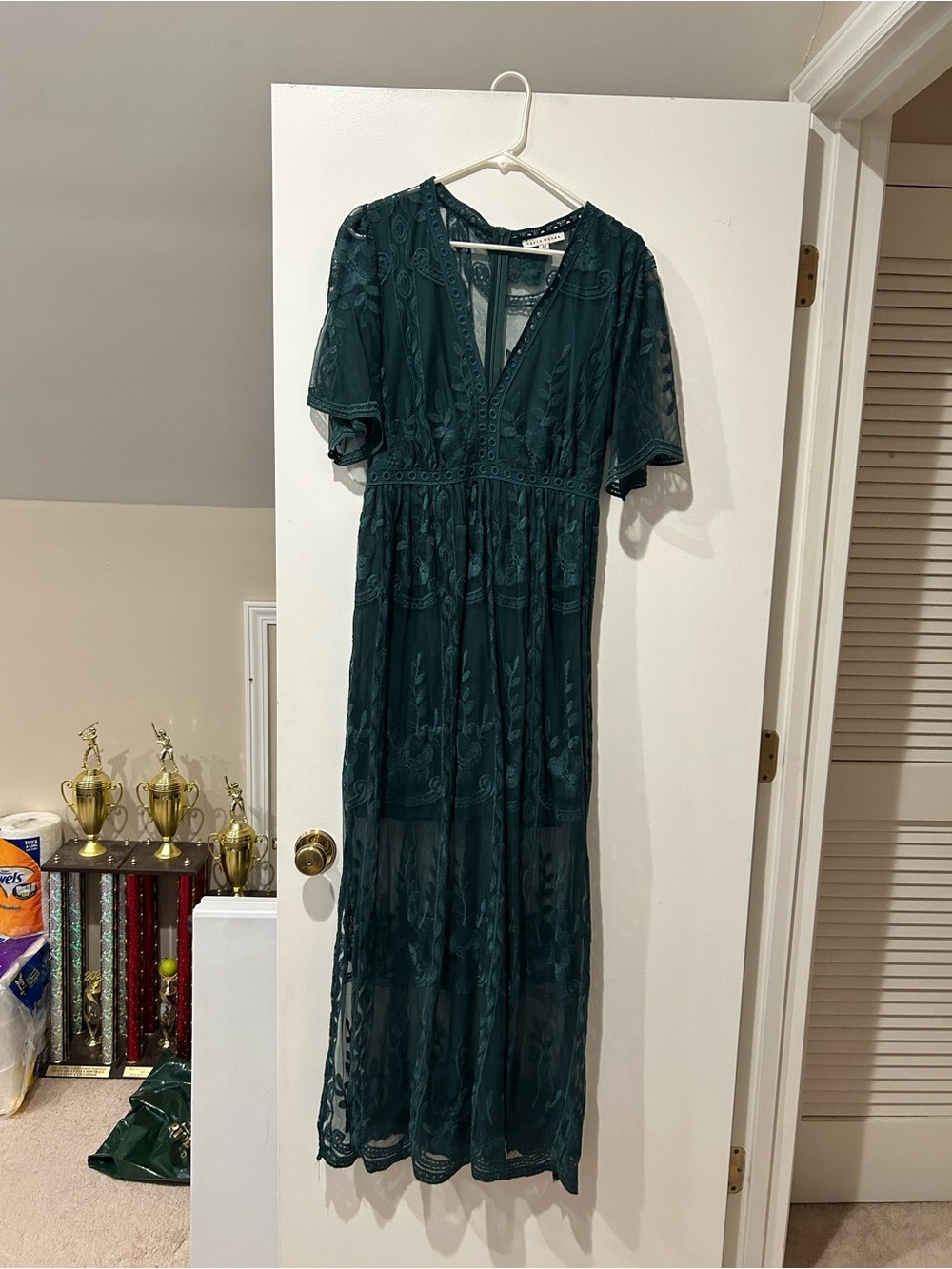 Haute Monde Forest Green Lace Embroidered Maxi Dress